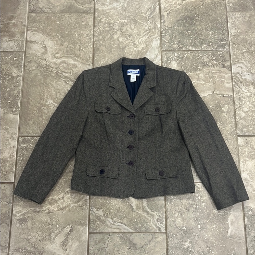 Vintage Pendleton Herringbone‎ Wool Blazer Jacket Tan Black Size 14 Petite